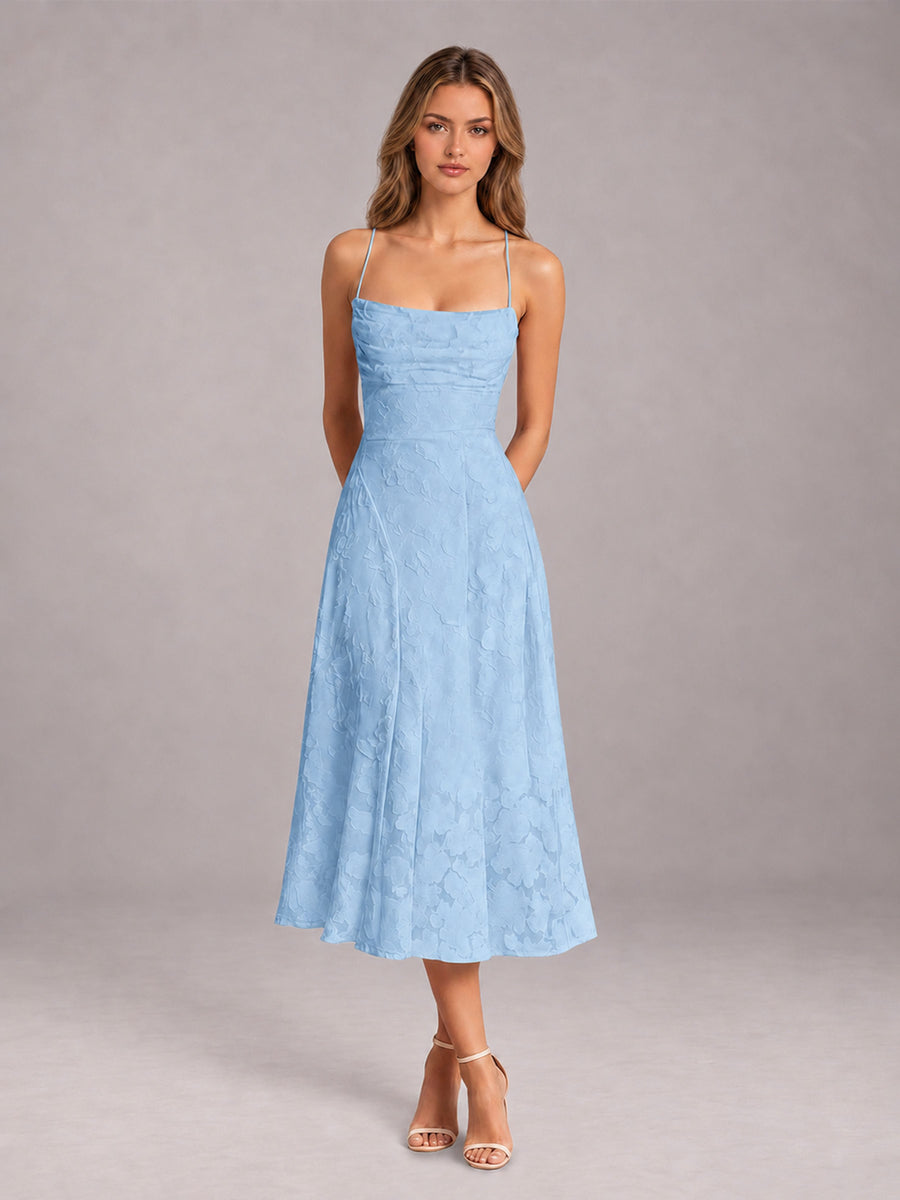 Light Blue A-Line/Princess Spaghetti Strap Sleeveless Floral Lace Tea-Length Bridesmaid Dress