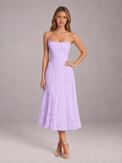 Lilac A-Line/Princess Spaghetti Strap Sleeveless Floral Lace Tea-Length Bridesmaid Dress