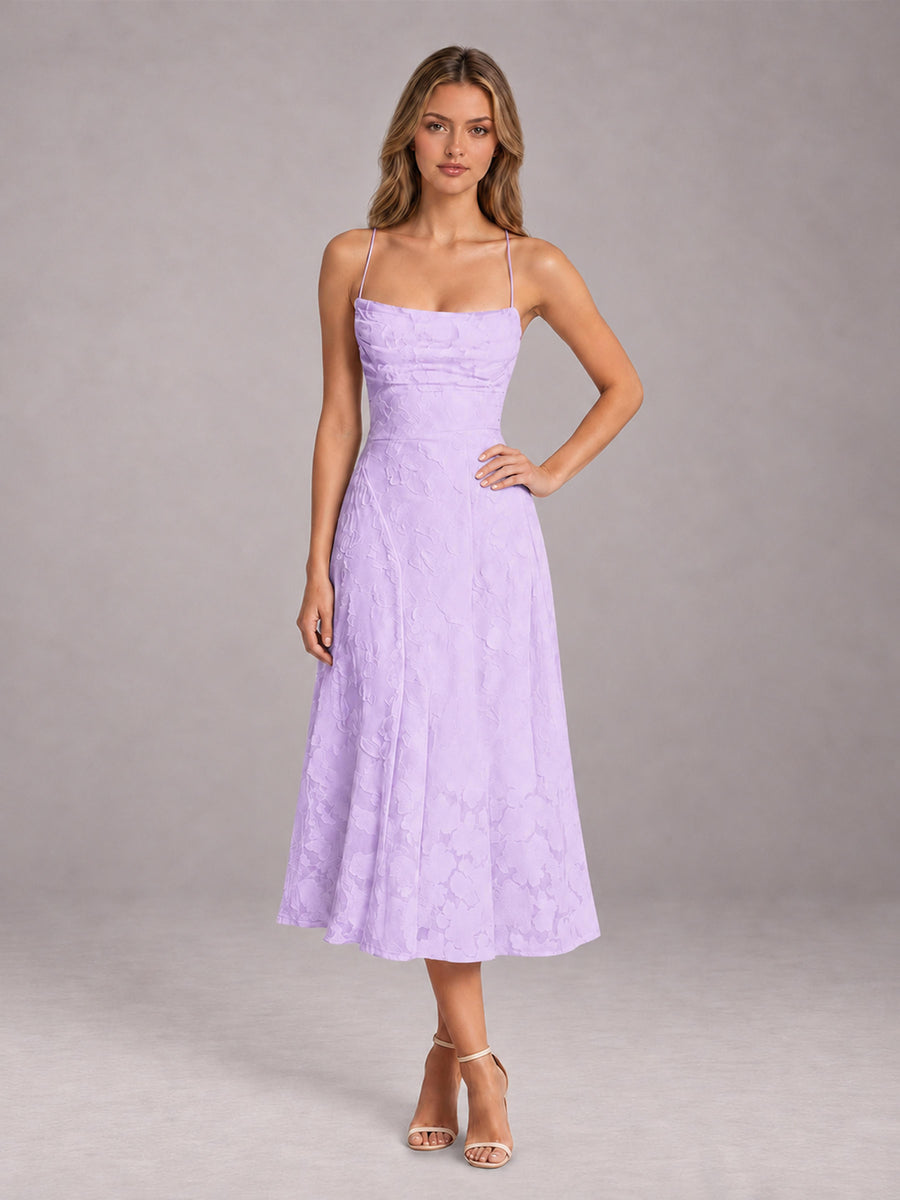 Lilac A-Line/Princess Spaghetti Strap Sleeveless Floral Lace Tea-Length Bridesmaid Dress