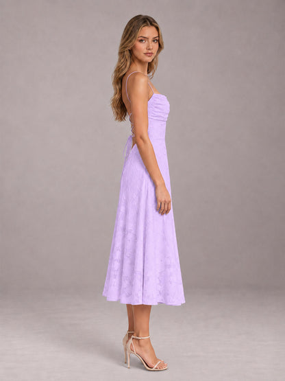 Lilac A-Line/Princess Spaghetti Strap Sleeveless Floral Lace Tea-Length Bridesmaid Dress