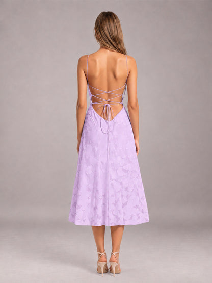 Lilac A-Line/Princess Spaghetti Strap Sleeveless Floral Lace Tea-Length Bridesmaid Dress