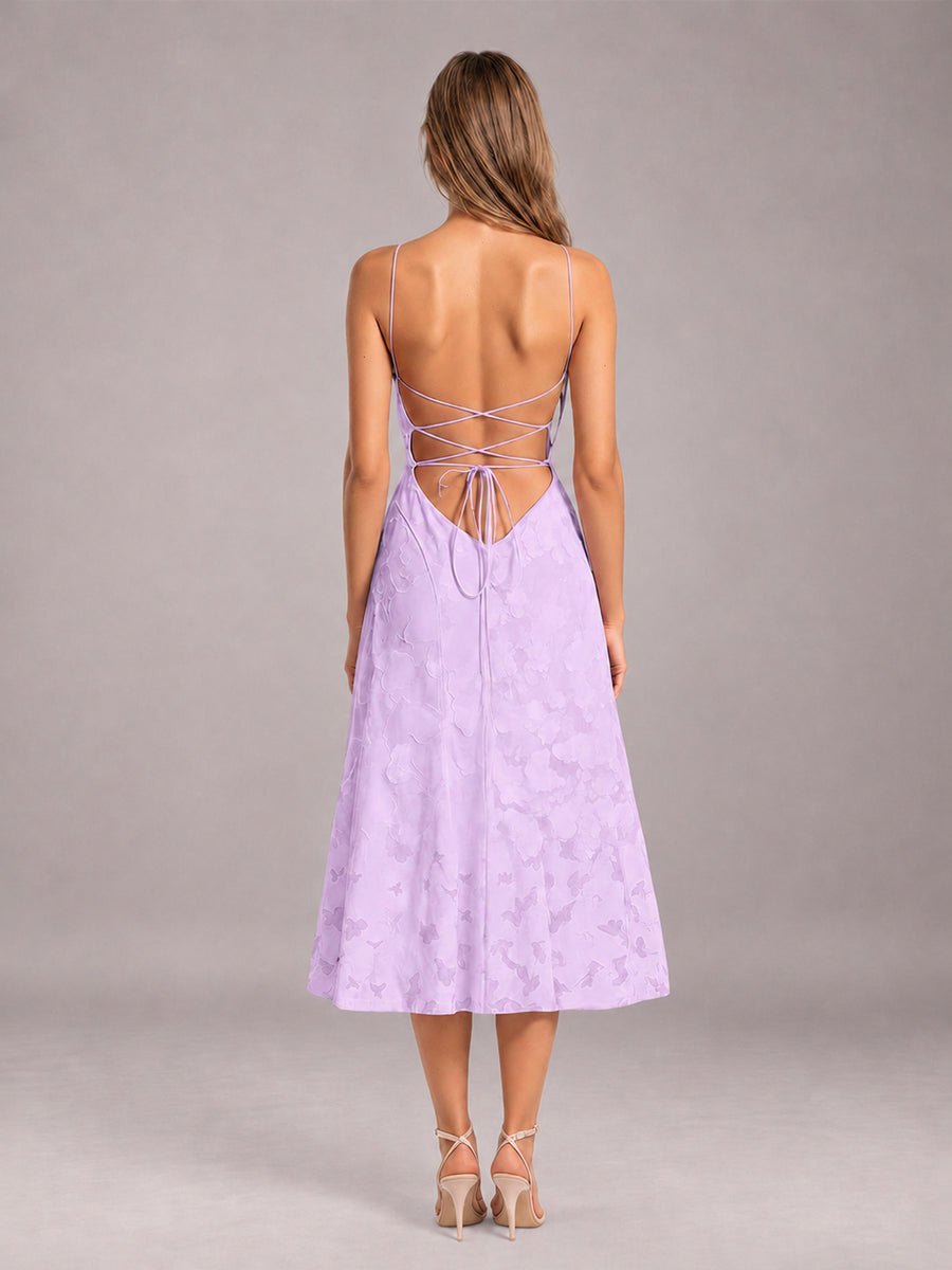 Lilac A-Line/Princess Spaghetti Strap Sleeveless Floral Lace Tea-Length Bridesmaid Dress