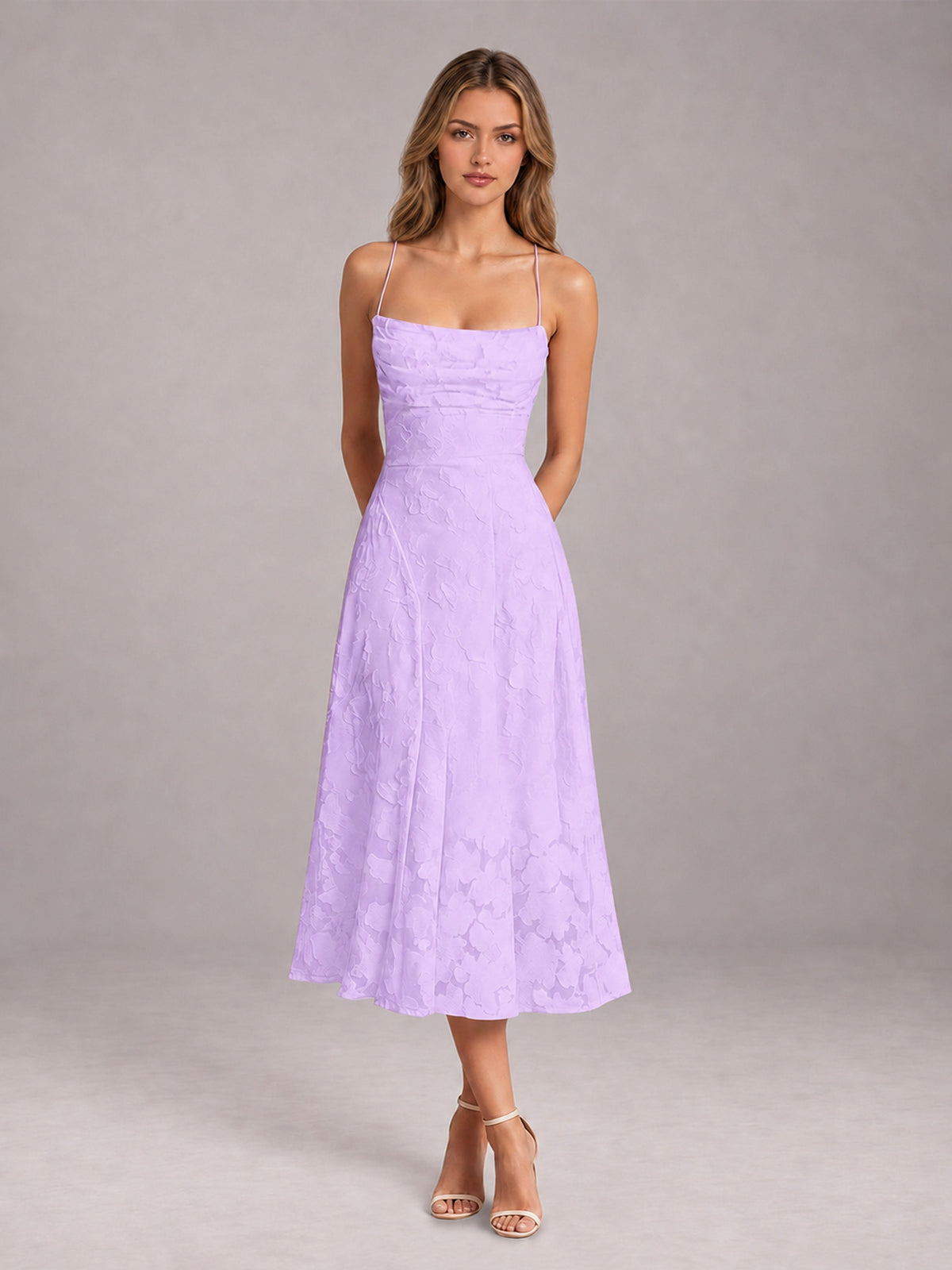 Lilac A-Line/Princess Spaghetti Strap Sleeveless Floral Lace Tea-Length Bridesmaid Dress