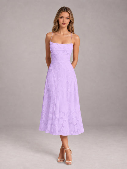 Lilac A-Line/Princess Spaghetti Strap Sleeveless Floral Lace Tea-Length Bridesmaid Dress