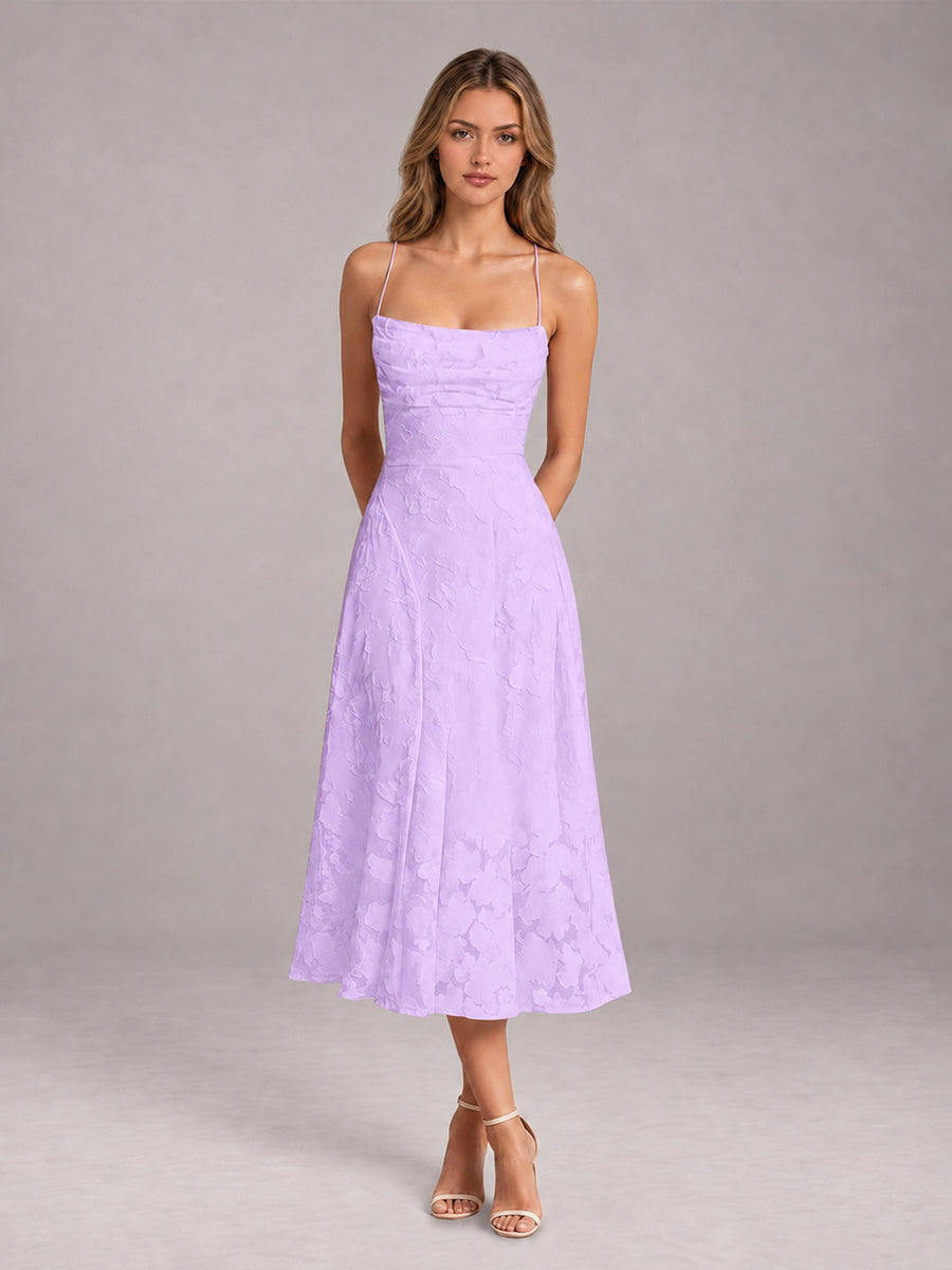 Lilac A-Line/Princess Spaghetti Strap Sleeveless Floral Lace Tea-Length Bridesmaid Dress