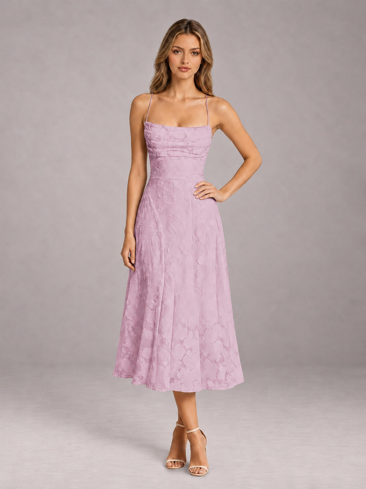 Mauve A-Line/Princess Spaghetti Strap Sleeveless Floral Lace Tea-Length Bridesmaid Dress