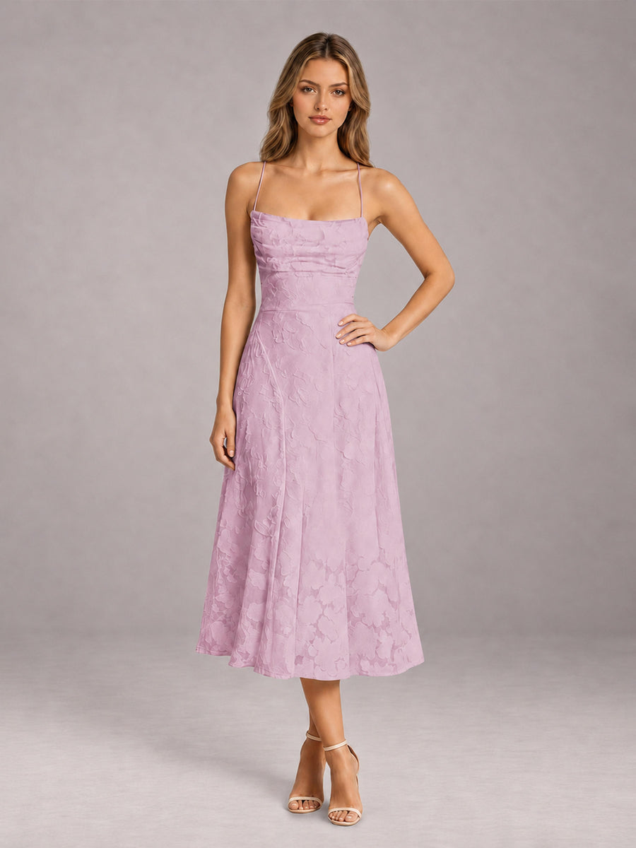 Mauve A-Line/Princess Spaghetti Strap Sleeveless Floral Lace Tea-Length Bridesmaid Dress