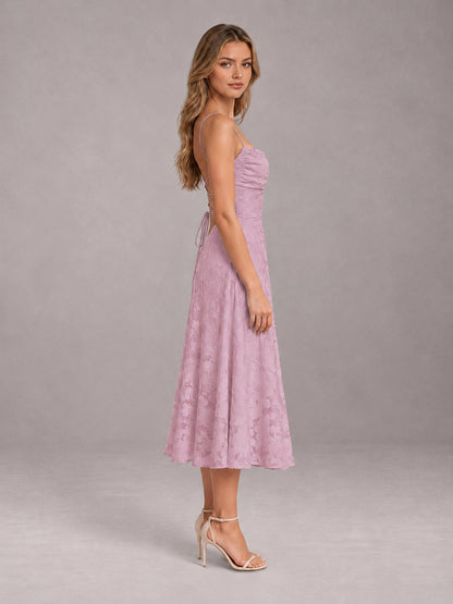 Mauve A-Line/Princess Spaghetti Strap Sleeveless Floral Lace Tea-Length Bridesmaid Dress