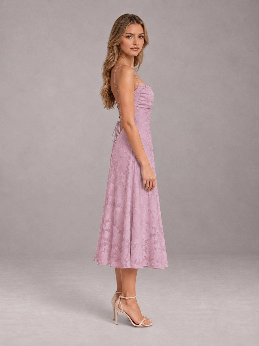 Mauve A-Line/Princess Spaghetti Strap Sleeveless Floral Lace Tea-Length Bridesmaid Dress