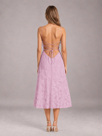 Mauve A-Line/Princess Spaghetti Strap Sleeveless Floral Lace Tea-Length Bridesmaid Dress