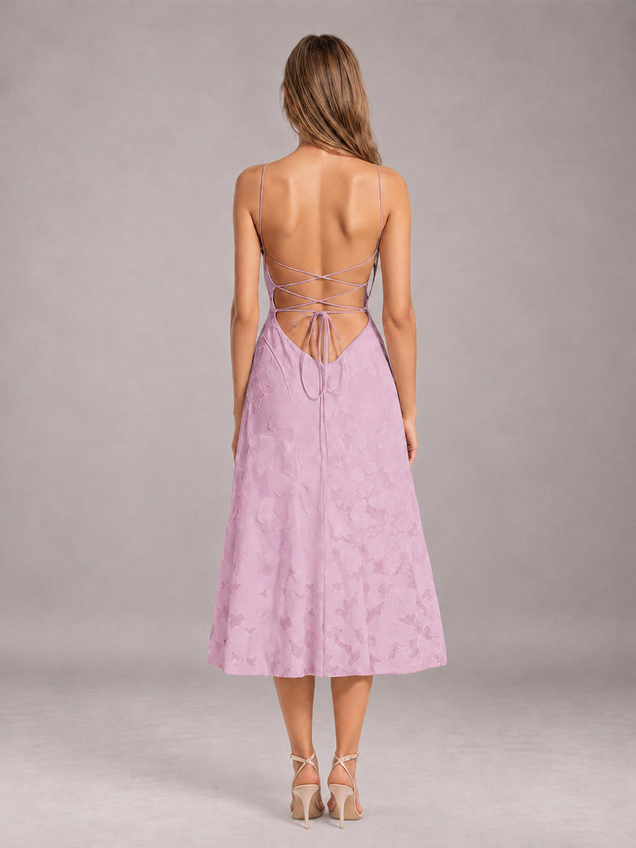 Mauve A-Line/Princess Spaghetti Strap Sleeveless Floral Lace Tea-Length Bridesmaid Dress