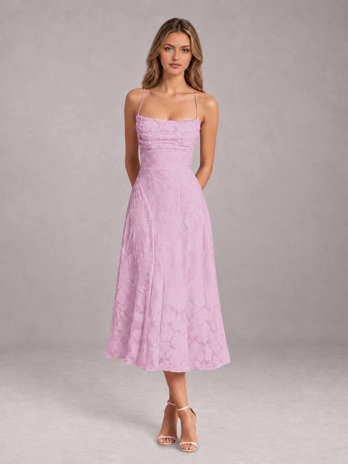 Mauve A-Line/Princess Spaghetti Strap Sleeveless Floral Lace Tea-Length Bridesmaid Dress