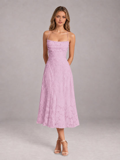 Mauve A-Line/Princess Spaghetti Strap Sleeveless Floral Lace Tea-Length Bridesmaid Dress
