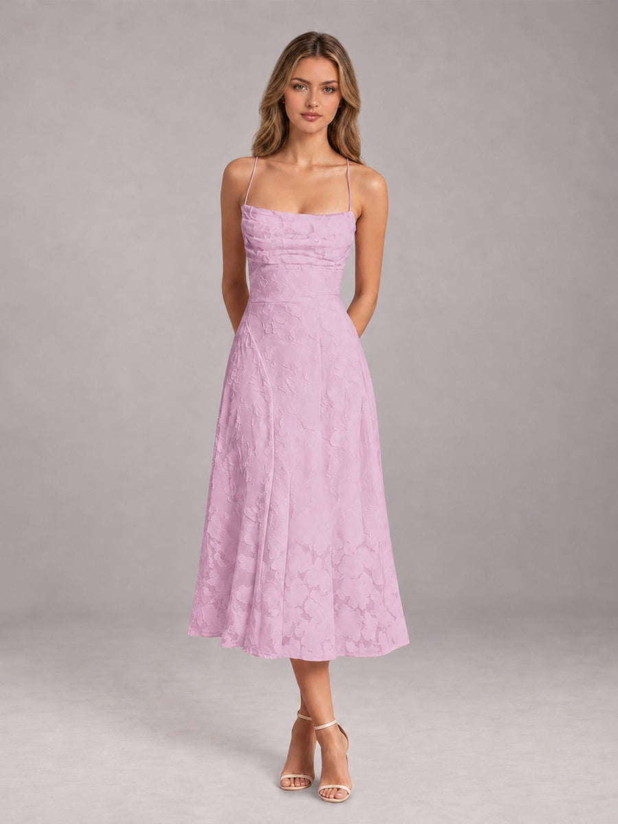 Mauve A-Line/Princess Spaghetti Strap Sleeveless Floral Lace Tea-Length Bridesmaid Dress