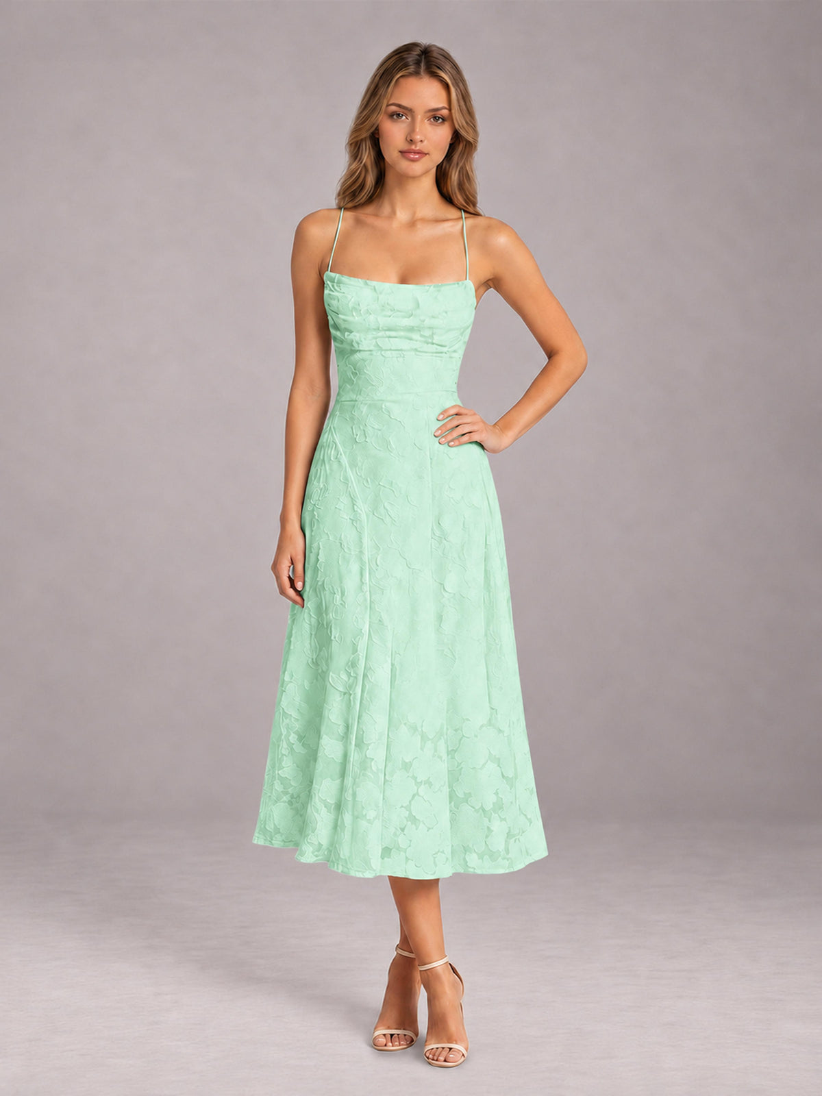 Mint Green A-Line/Princess Spaghetti Strap Sleeveless Floral Lace Tea-Length Bridesmaid Dress
