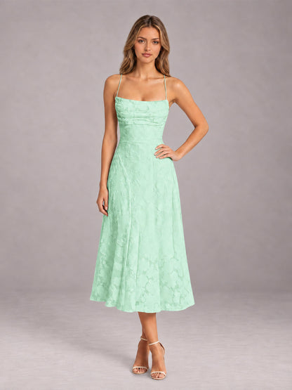 Mint Green A-Line/Princess Spaghetti Strap Sleeveless Floral Lace Tea-Length Bridesmaid Dress