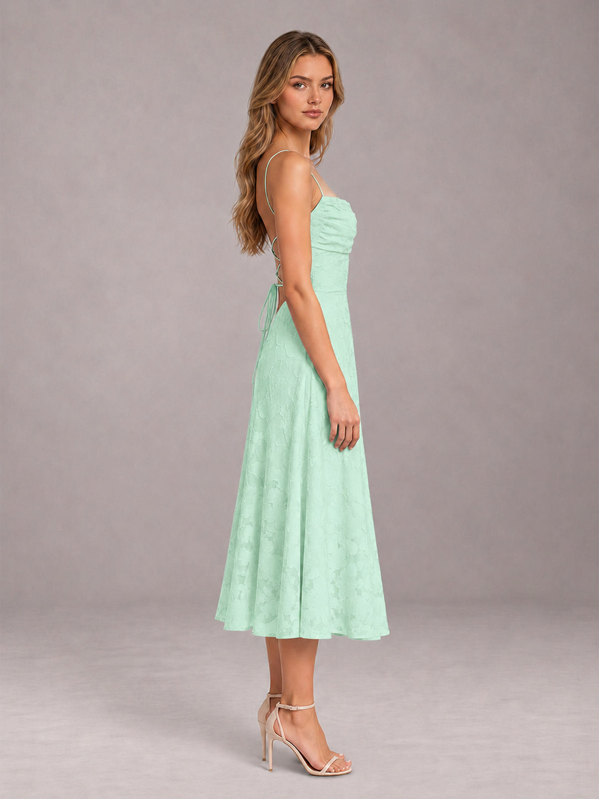 Mint Green A-Line/Princess Spaghetti Strap Sleeveless Floral Lace Tea-Length Bridesmaid Dress