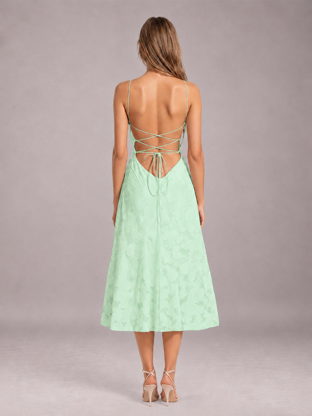 Mint Green A-Line/Princess Spaghetti Strap Sleeveless Floral Lace Tea-Length Bridesmaid Dress