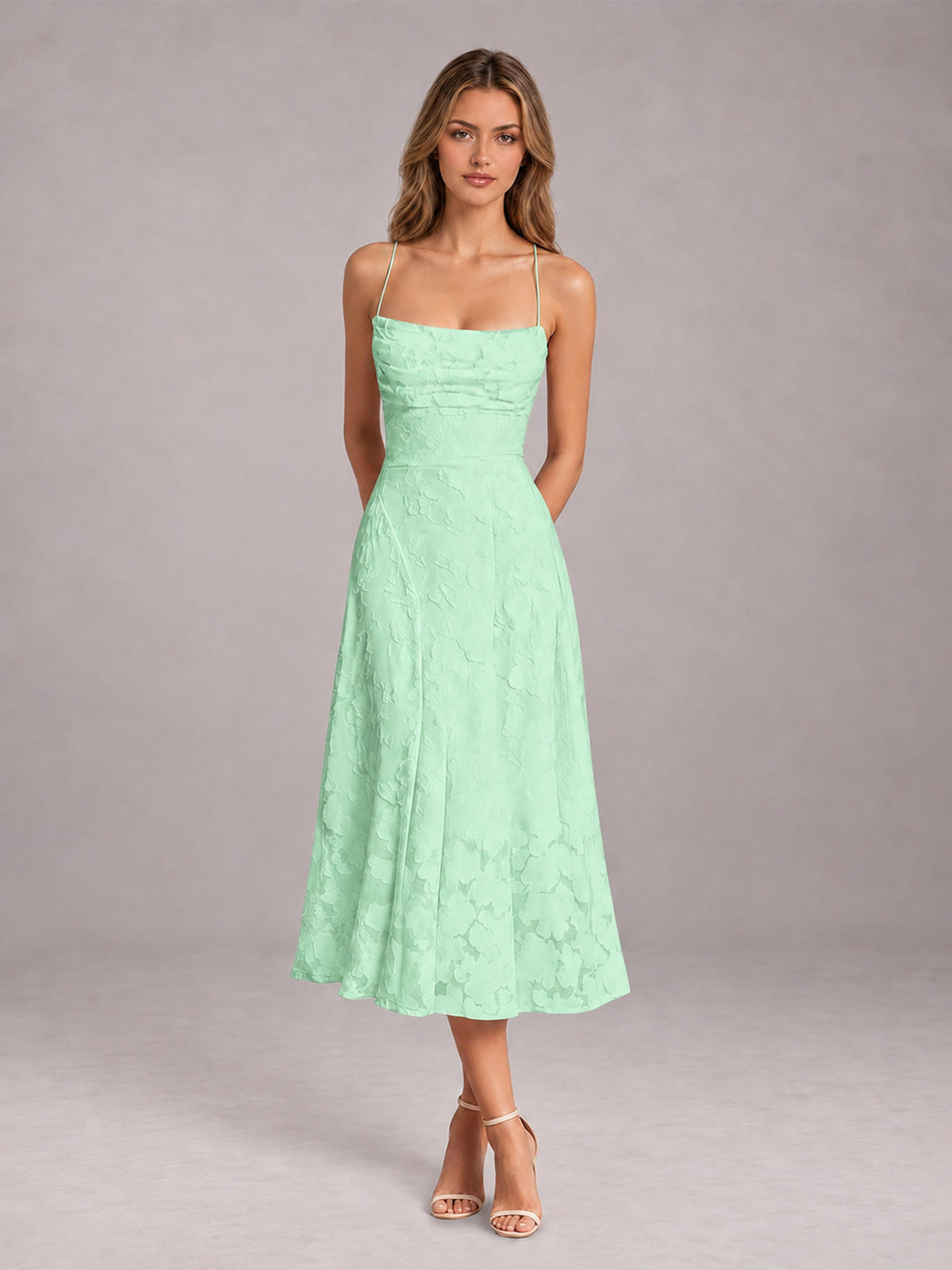 Mint Green A-Line/Princess Spaghetti Strap Sleeveless Floral Lace Tea-Length Bridesmaid Dress