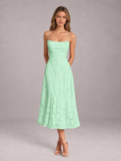 Mint Green A-Line/Princess Spaghetti Strap Sleeveless Floral Lace Tea-Length Bridesmaid Dress