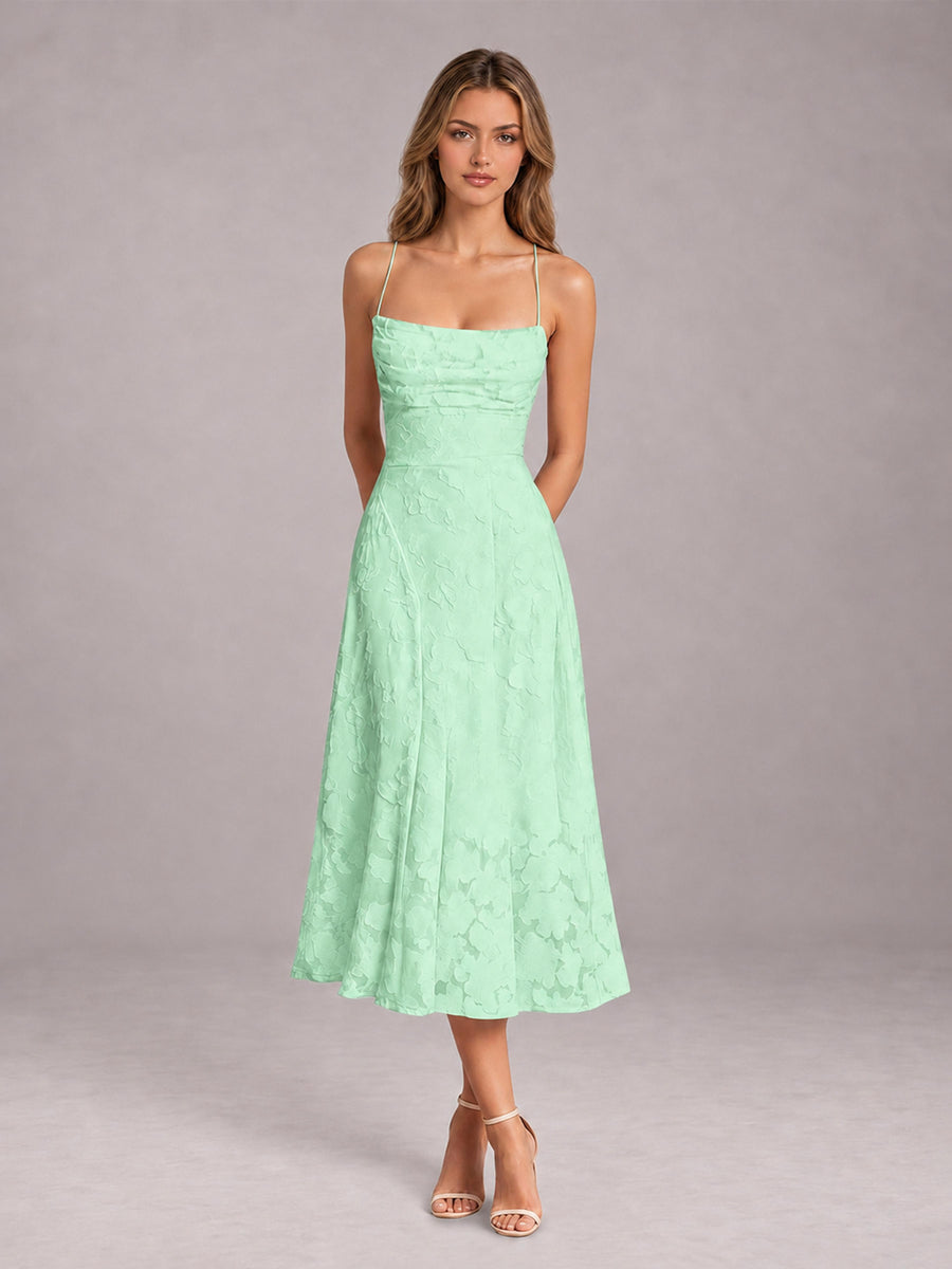 Mint Green A-Line/Princess Spaghetti Strap Sleeveless Floral Lace Tea-Length Bridesmaid Dress