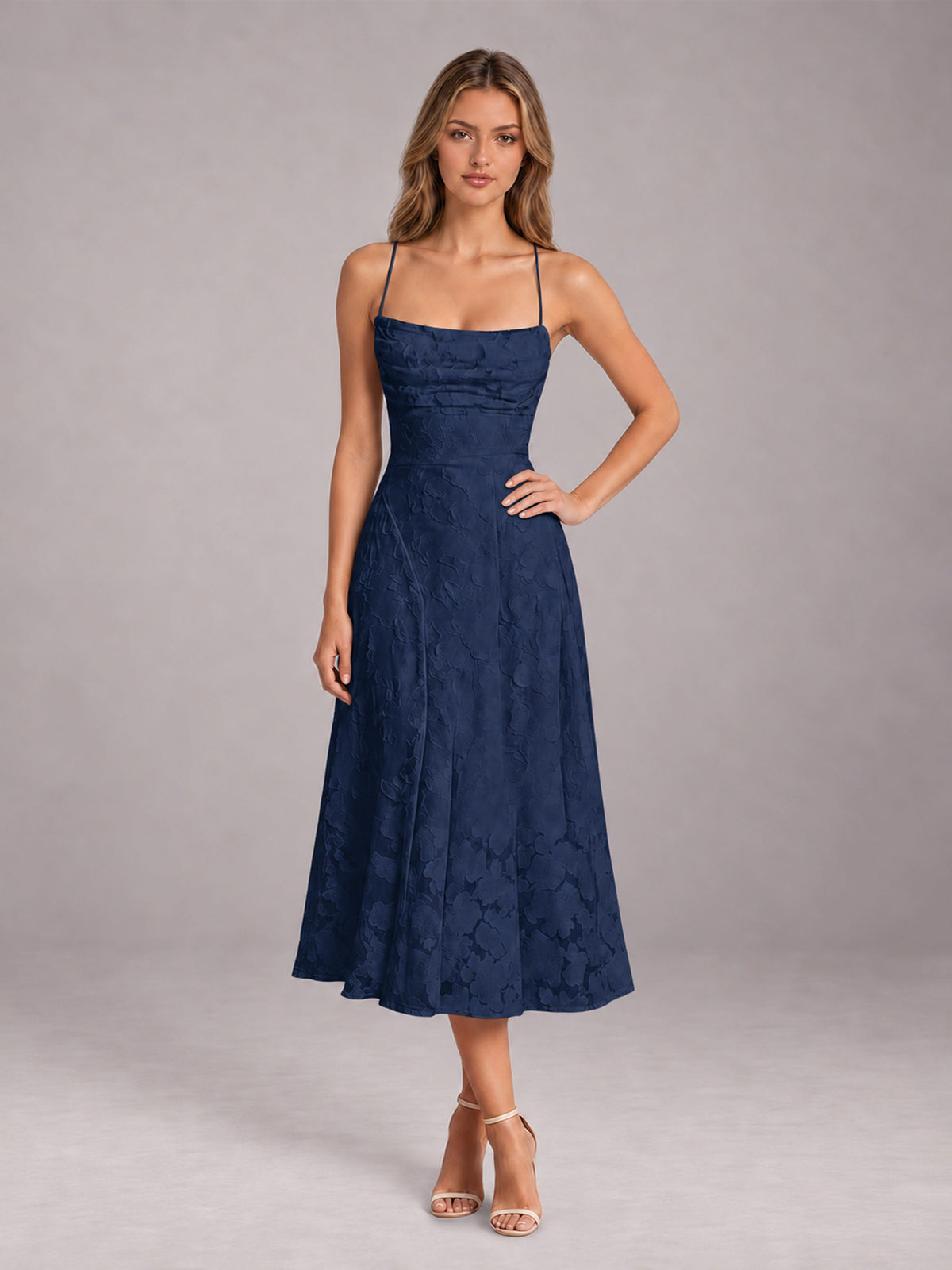 Navy Blue A-Line/Princess Spaghetti Strap Sleeveless Floral Lace Tea-Length Bridesmaid Dress
