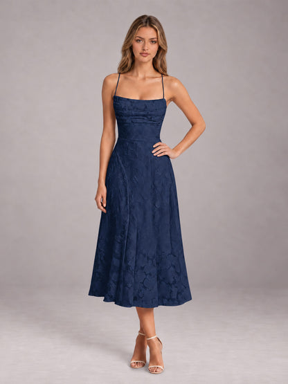 Navy Blue A-Line/Princess Spaghetti Strap Sleeveless Floral Lace Tea-Length Bridesmaid Dress