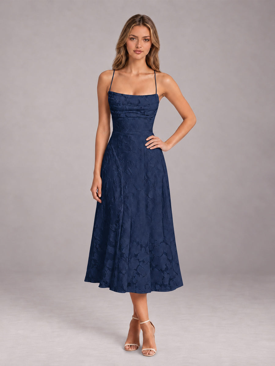 Navy Blue A-Line/Princess Spaghetti Strap Sleeveless Floral Lace Tea-Length Bridesmaid Dress