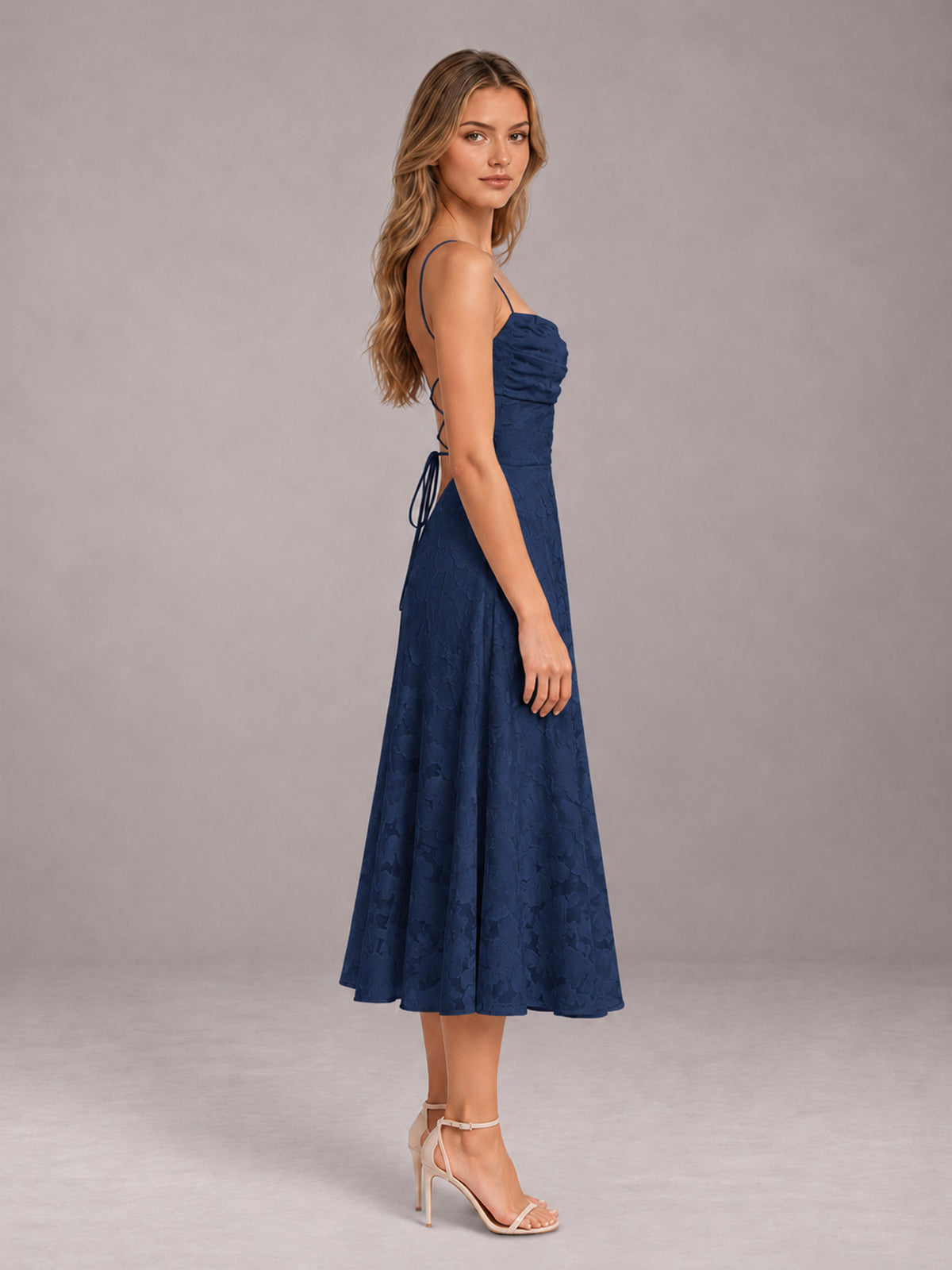 Navy Blue A-Line/Princess Spaghetti Strap Sleeveless Floral Lace Tea-Length Bridesmaid Dress