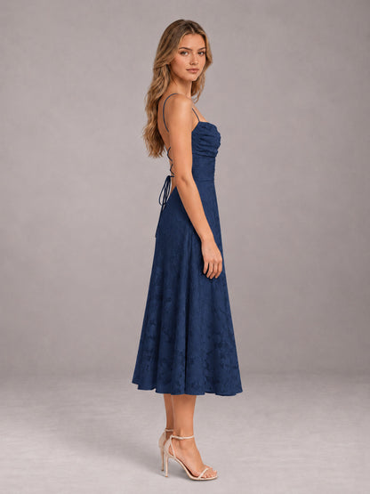 Navy Blue A-Line/Princess Spaghetti Strap Sleeveless Floral Lace Tea-Length Bridesmaid Dress