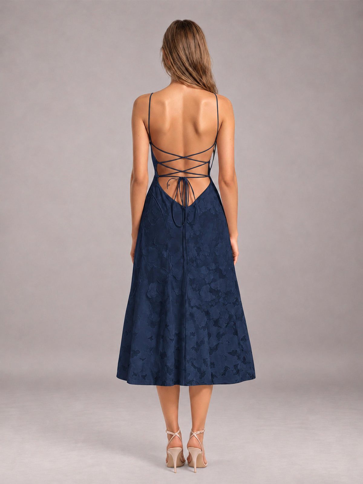 Navy Blue A-Line/Princess Spaghetti Strap Sleeveless Floral Lace Tea-Length Bridesmaid Dress