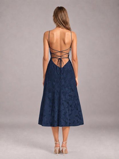 Navy Blue A-Line/Princess Spaghetti Strap Sleeveless Floral Lace Tea-Length Bridesmaid Dress