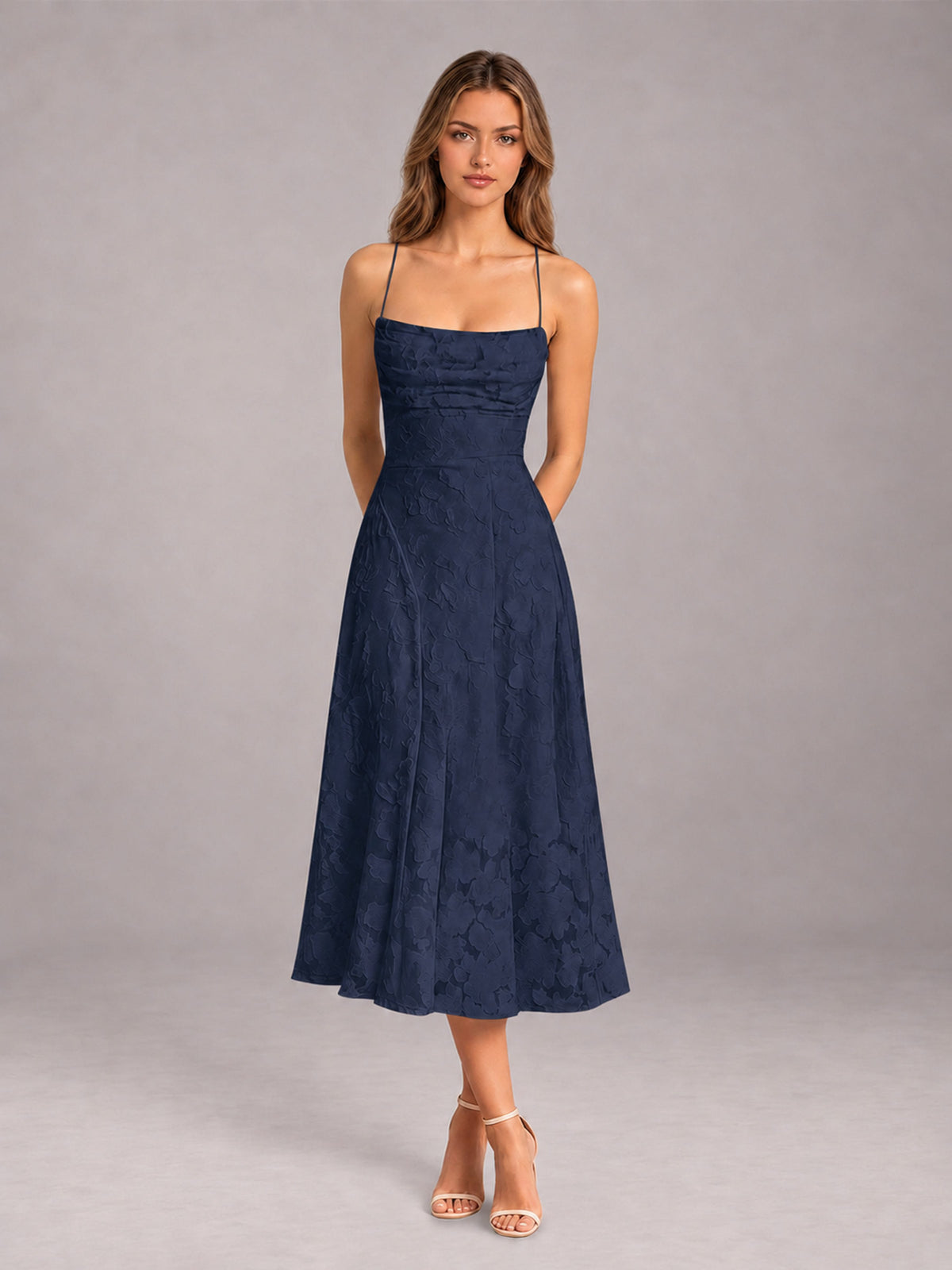 Navy Blue A-Line/Princess Spaghetti Strap Sleeveless Floral Lace Tea-Length Bridesmaid Dress