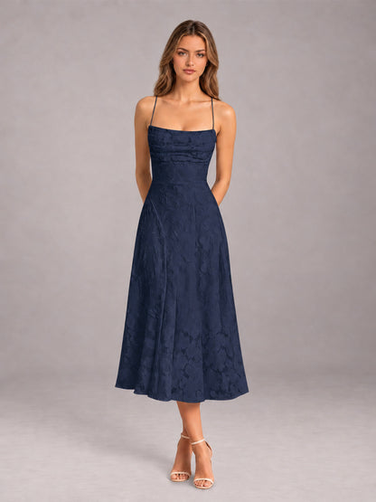 Navy Blue A-Line/Princess Spaghetti Strap Sleeveless Floral Lace Tea-Length Bridesmaid Dress