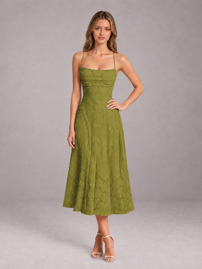 Olive Green A-Line/Princess Spaghetti Strap Sleeveless Floral Lace Tea-Length Bridesmaid Dress
