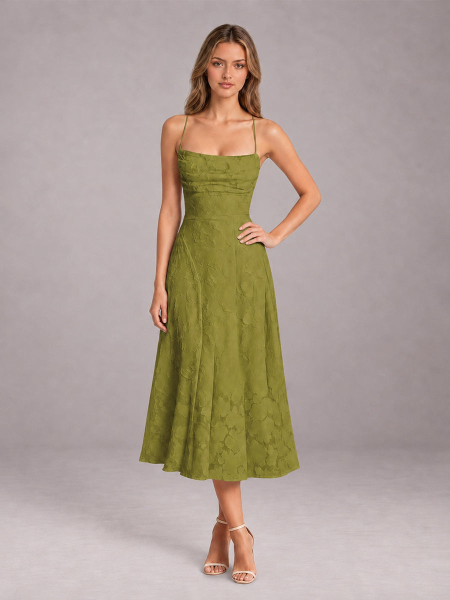 Olive Green A-Line/Princess Spaghetti Strap Sleeveless Floral Lace Tea-Length Bridesmaid Dress