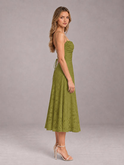 Olive Green A-Line/Princess Spaghetti Strap Sleeveless Floral Lace Tea-Length Bridesmaid Dress