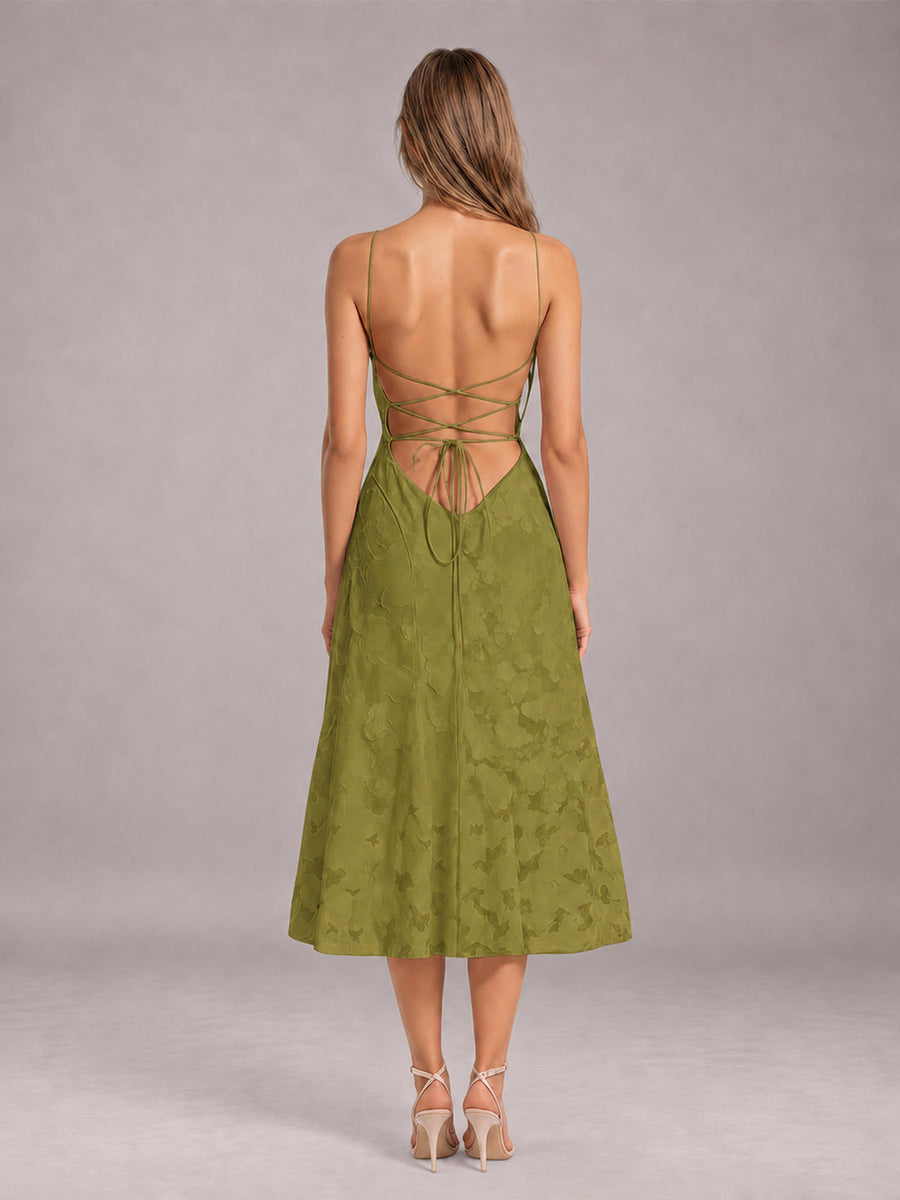 Olive Green A-Line/Princess Spaghetti Strap Sleeveless Floral Lace Tea-Length Bridesmaid Dress
