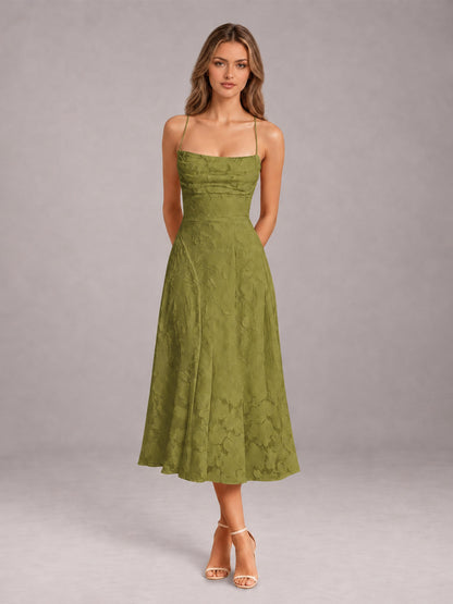 Olive Green A-Line/Princess Spaghetti Strap Sleeveless Floral Lace Tea-Length Bridesmaid Dress