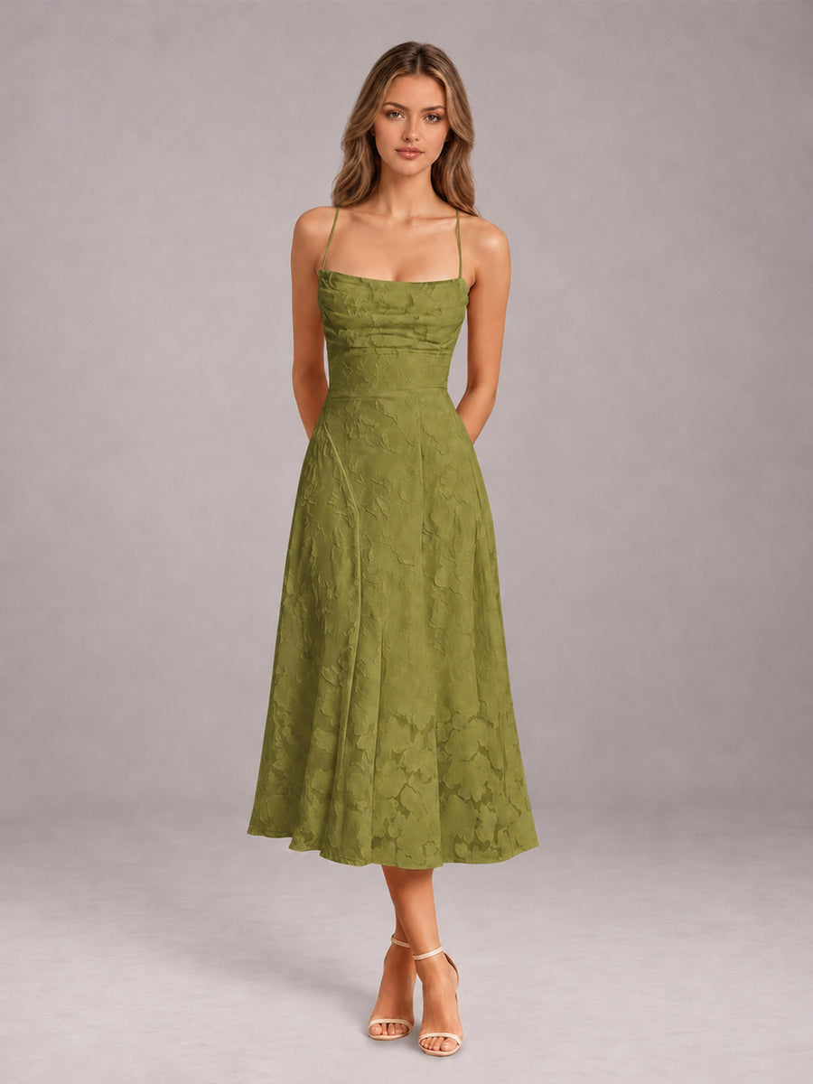 Olive Green A-Line/Princess Spaghetti Strap Sleeveless Floral Lace Tea-Length Bridesmaid Dress