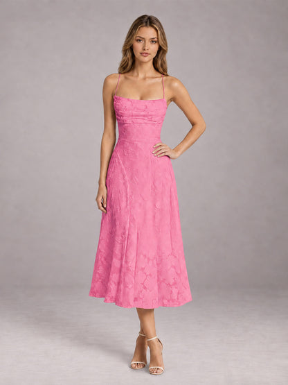 Pink A-Line/Princess Spaghetti Strap Sleeveless Floral Lace Tea-Length Bridesmaid Dress