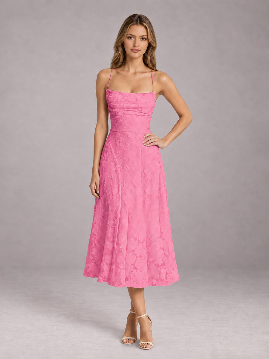 Pink A-Line/Princess Spaghetti Strap Sleeveless Floral Lace Tea-Length Bridesmaid Dress