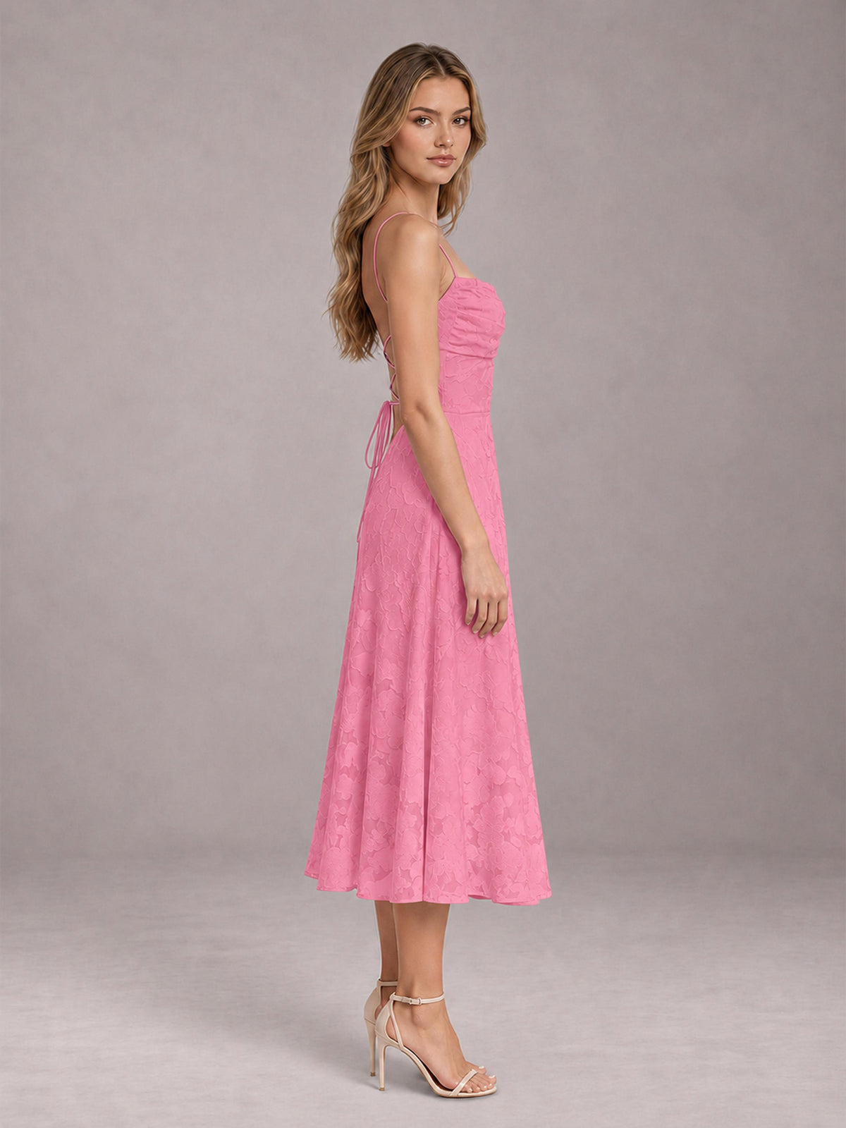 Pink A-Line/Princess Spaghetti Strap Sleeveless Floral Lace Tea-Length Bridesmaid Dress