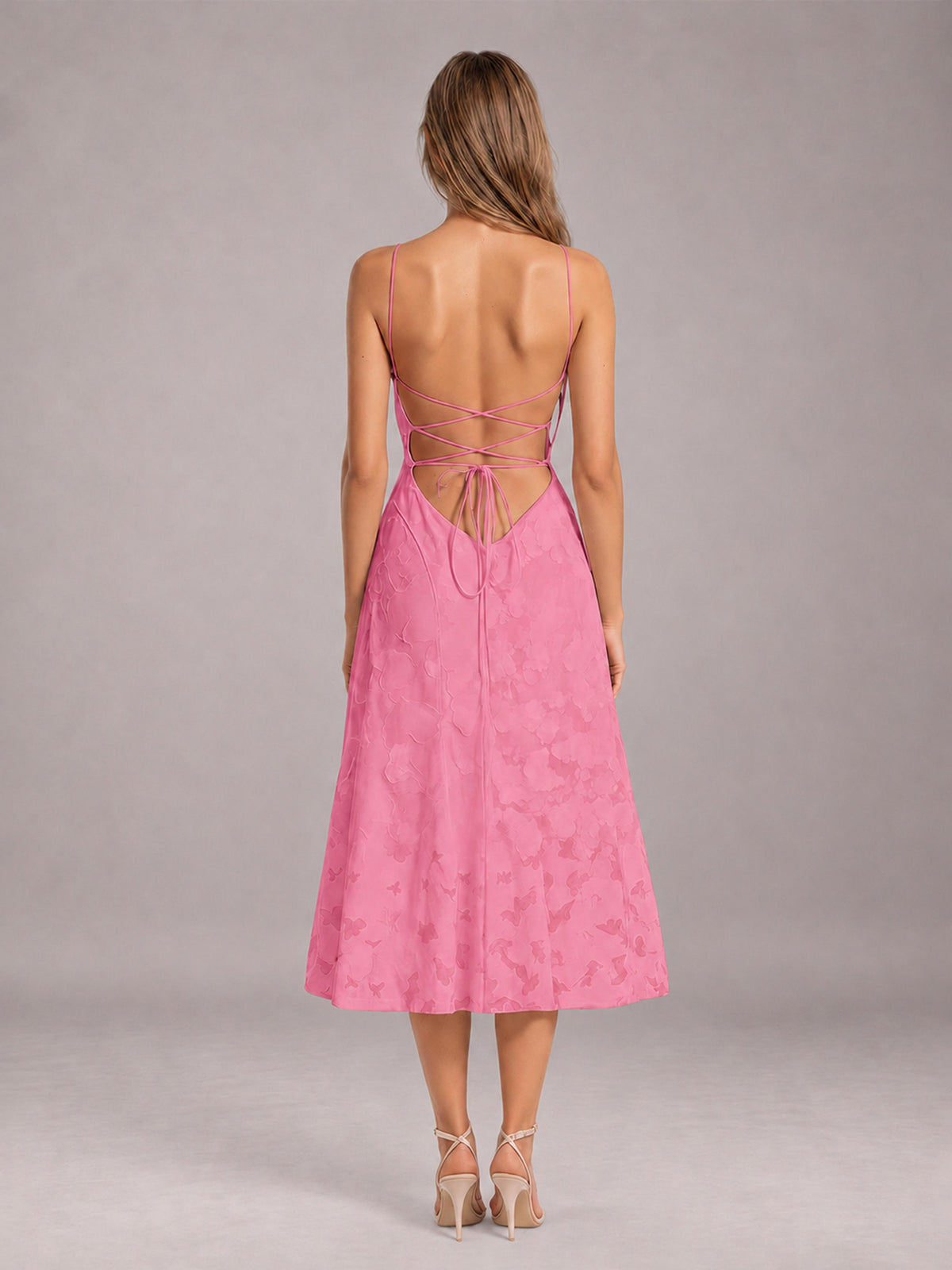 Pink A-Line/Princess Spaghetti Strap Sleeveless Floral Lace Tea-Length Bridesmaid Dress