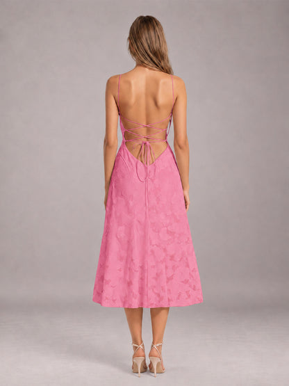 Pink A-Line/Princess Spaghetti Strap Sleeveless Floral Lace Tea-Length Bridesmaid Dress