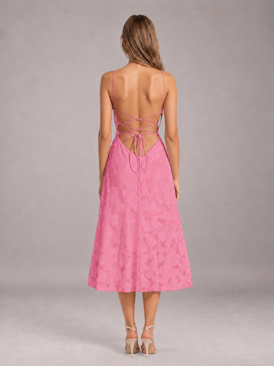 Pink A-Line/Princess Spaghetti Strap Sleeveless Floral Lace Tea-Length Bridesmaid Dress