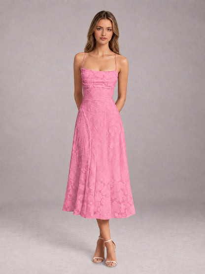 Pink A-Line/Princess Spaghetti Strap Sleeveless Floral Lace Tea-Length Bridesmaid Dress