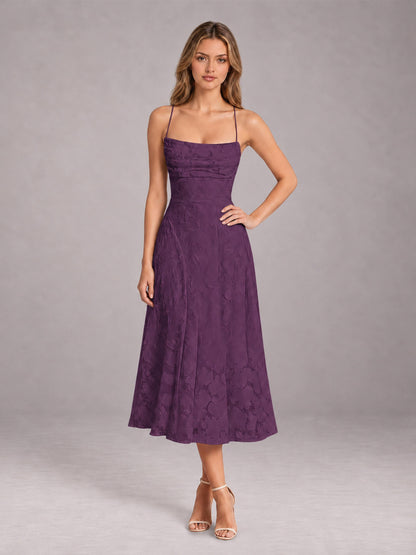 Plum A-Line/Princess Spaghetti Strap Sleeveless Floral Lace Tea-Length Bridesmaid Dress