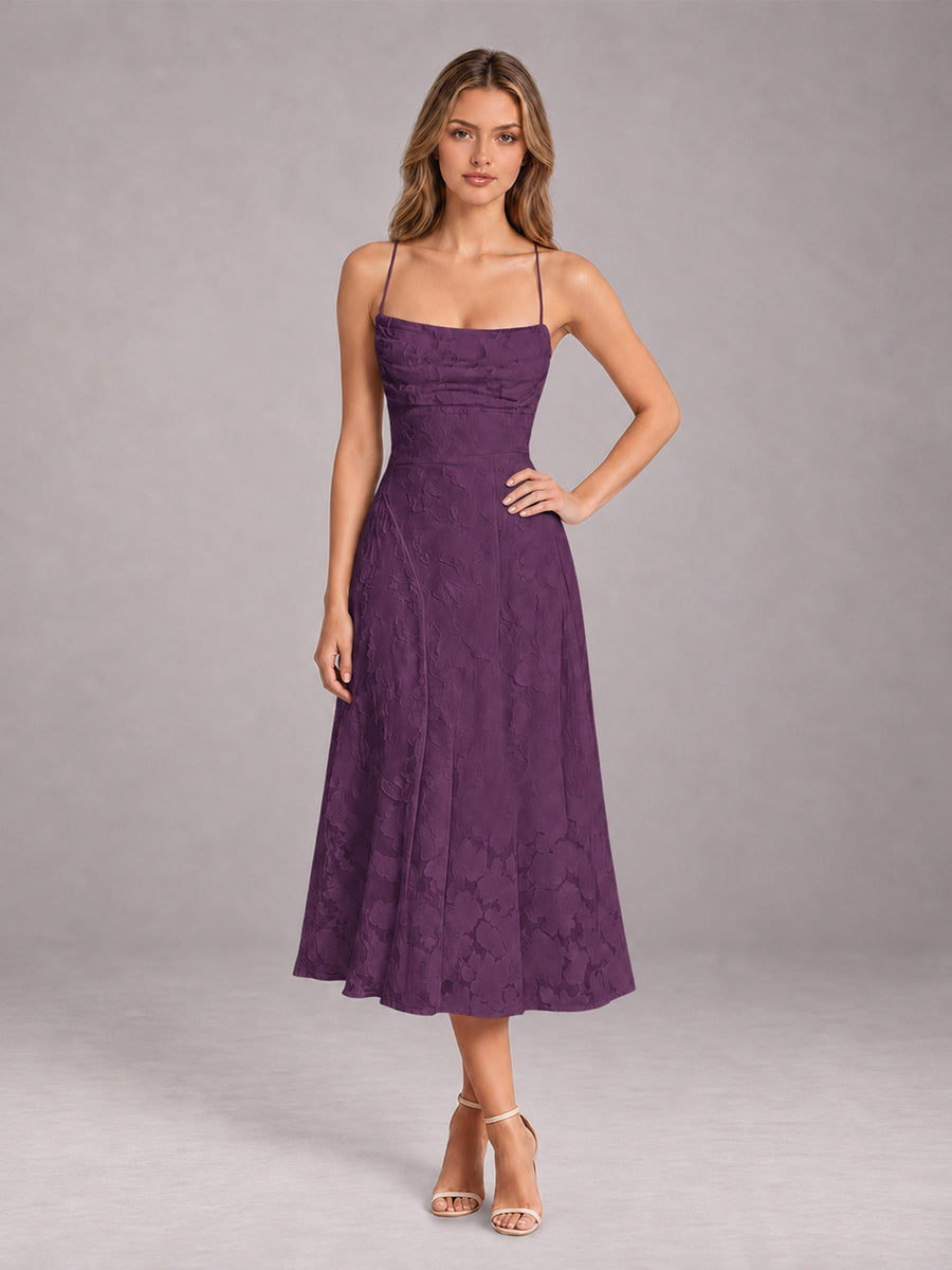 Plum A-Line/Princess Spaghetti Strap Sleeveless Floral Lace Tea-Length Bridesmaid Dress