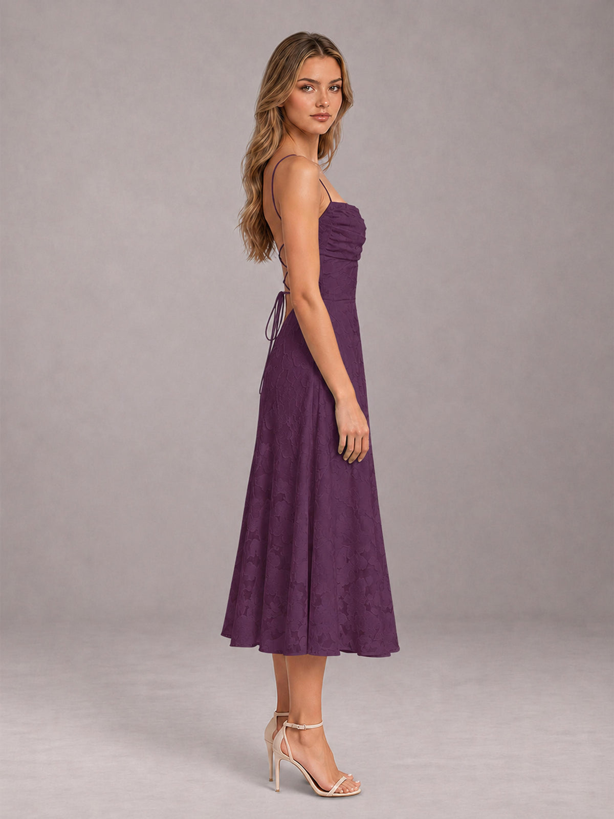 Plum A-Line/Princess Spaghetti Strap Sleeveless Floral Lace Tea-Length Bridesmaid Dress